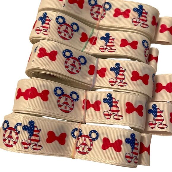 Grosgrain printed Ribbon 7/8” NEW 5 yards Mickey Mouse patriotic USA peace sign - Picture 2 of 5